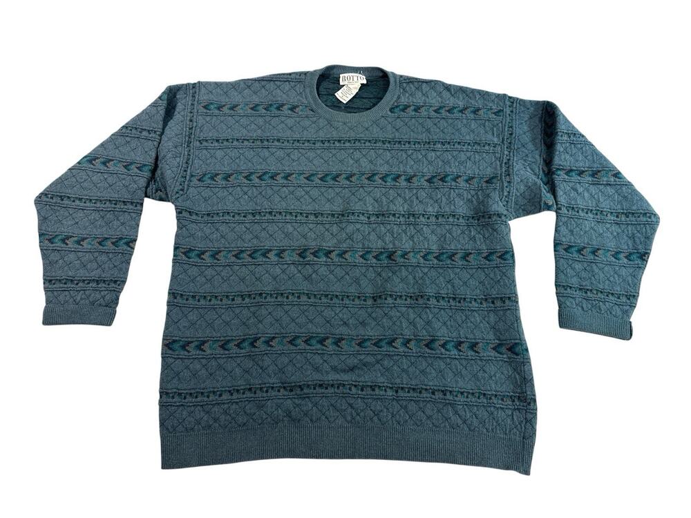 Vintage Botto Italy Wool Angora Cashmere Sweater Mens Large Teal Geometric Knit